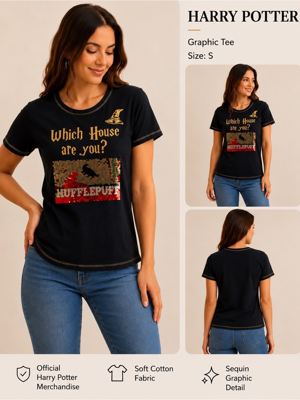 Harry Potter Hufflepuff Sequin Graphic Tee Black Short Sleeve Shirt Size S